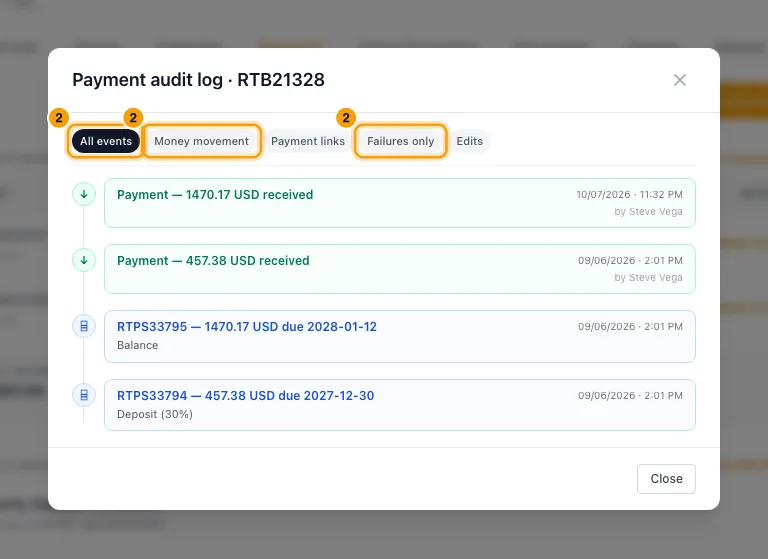 Send a payment link or charge a saved card: step 2 in Rentibly, with All events, Money movement, Failures only marked.
