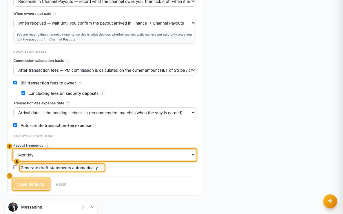 Set owner defaults (recognition, payment basis, fees): steps 7, 8 and 9 in Rentibly, with Payout frequency, Generate draft statements automatically, Save defaults marked.