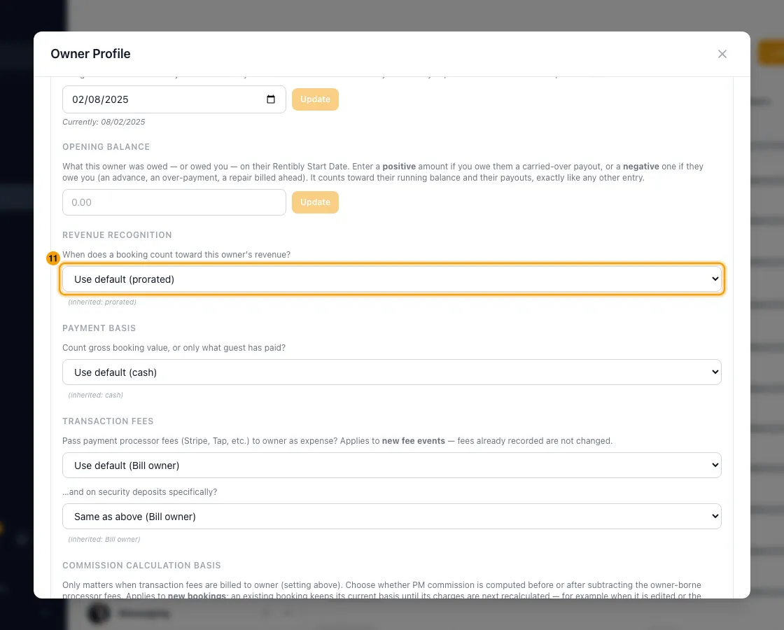 Set owner defaults (recognition, payment basis, fees): step 11 in Rentibly, with Revenue Recognition marked.