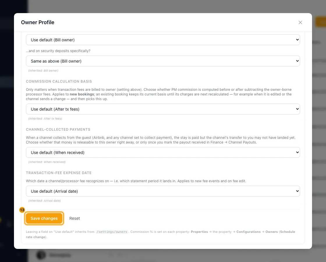 Set owner defaults (recognition, payment basis, fees): step 13 in Rentibly, with Save changes marked.