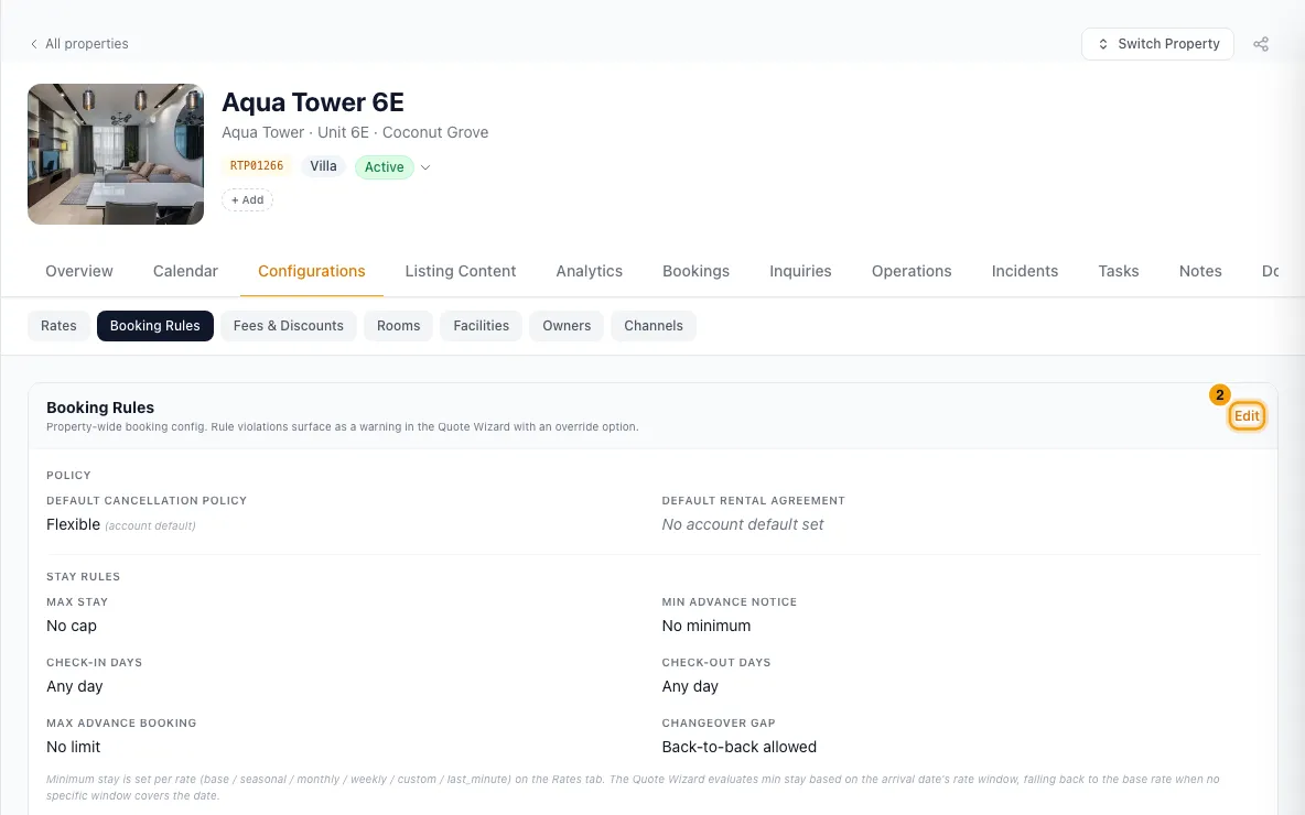 Set a property's booking rules: step 2 in Rentibly, with Edit marked.