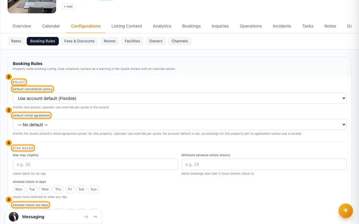Set a property's booking rules: steps 3 and 4 in Rentibly, with Policy, Default cancellation policy, Default rental agreement marked.