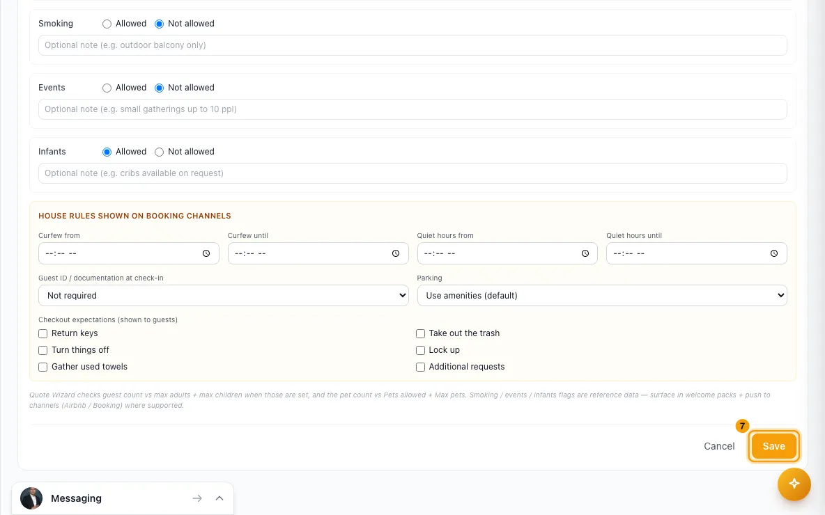 Set a property's booking rules: step 7 in Rentibly, with Save marked.