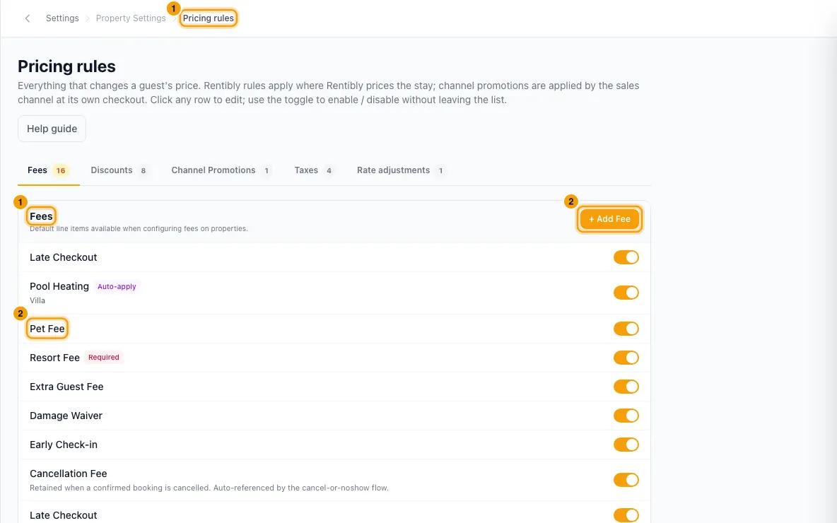 Set up a pet fee: steps 1 and 2 in Rentibly, with Pricing rules, Fees, + Add Fee marked.