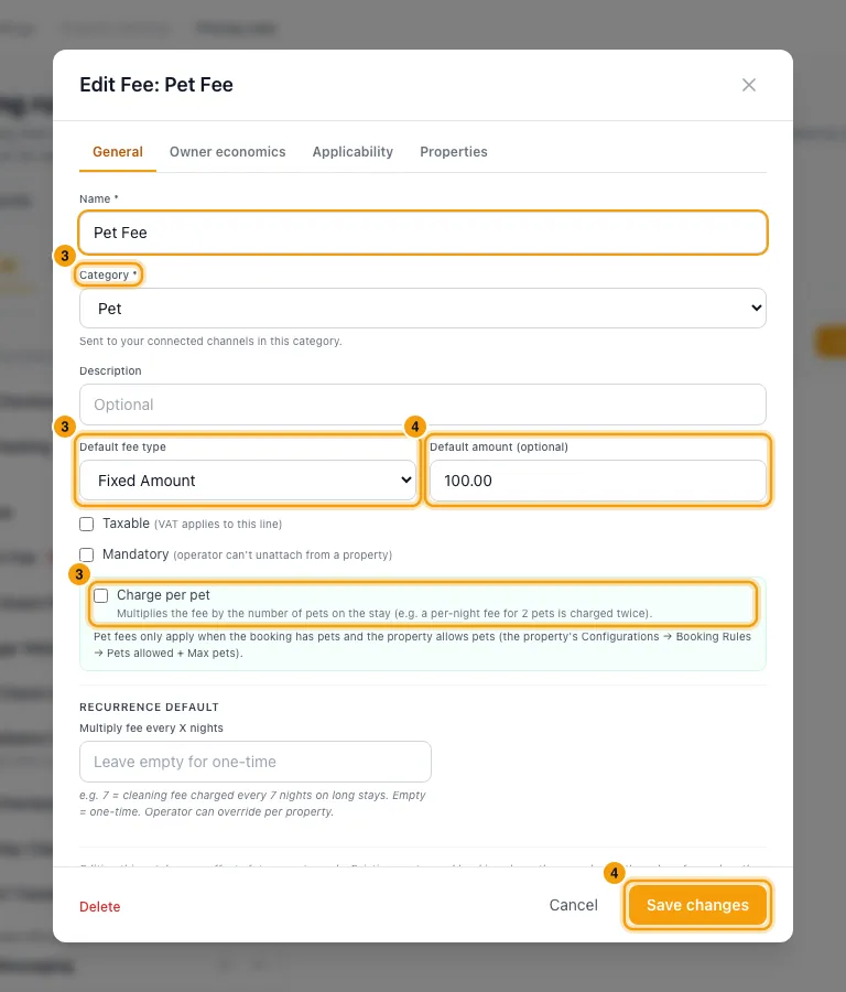 Set up a pet fee: steps 3 and 4 in Rentibly, with Category, Default fee type, Charge per pet marked.