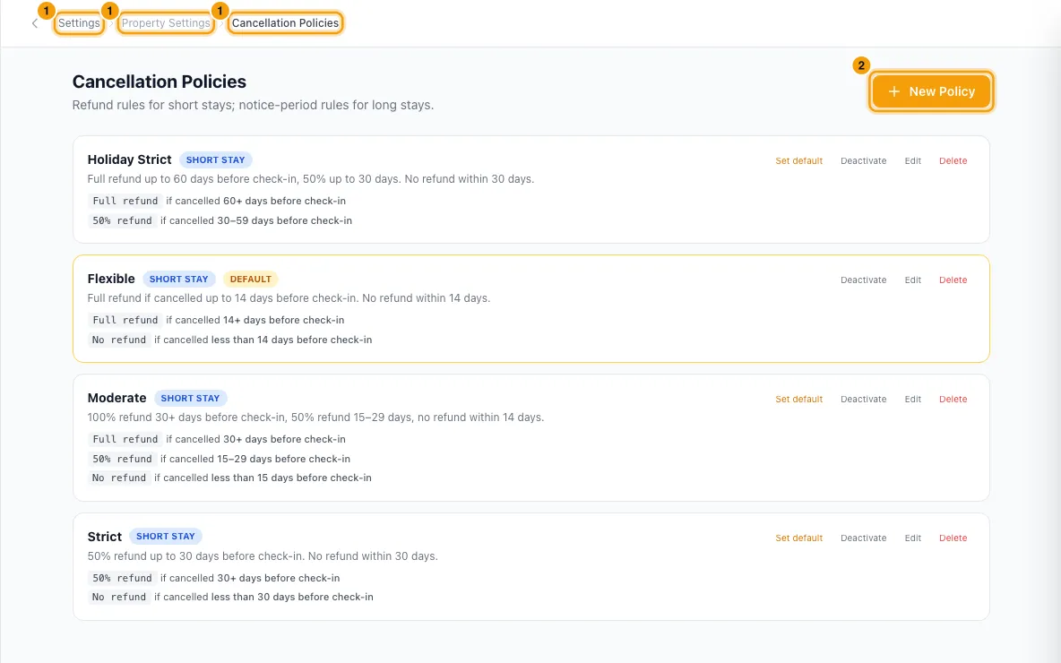 Set up cancellation policies: steps 1 and 2 in Rentibly, with Settings, Property Settings, Cancellation Policies marked.