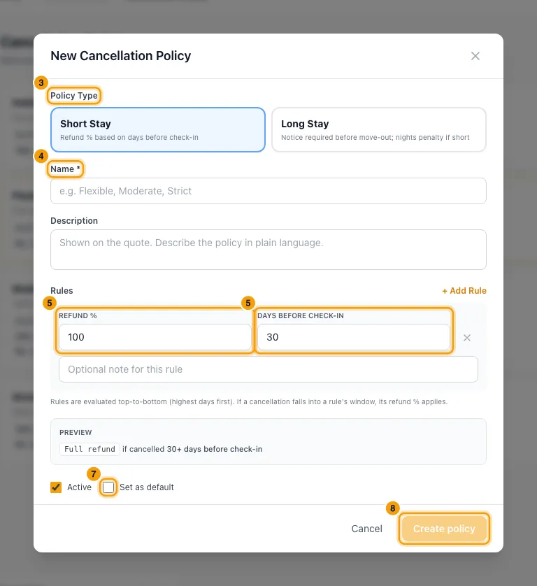 Set up cancellation policies: steps 3, 4, 5, 7 and 8 in Rentibly, with Policy Type, Name, Refund % marked.
