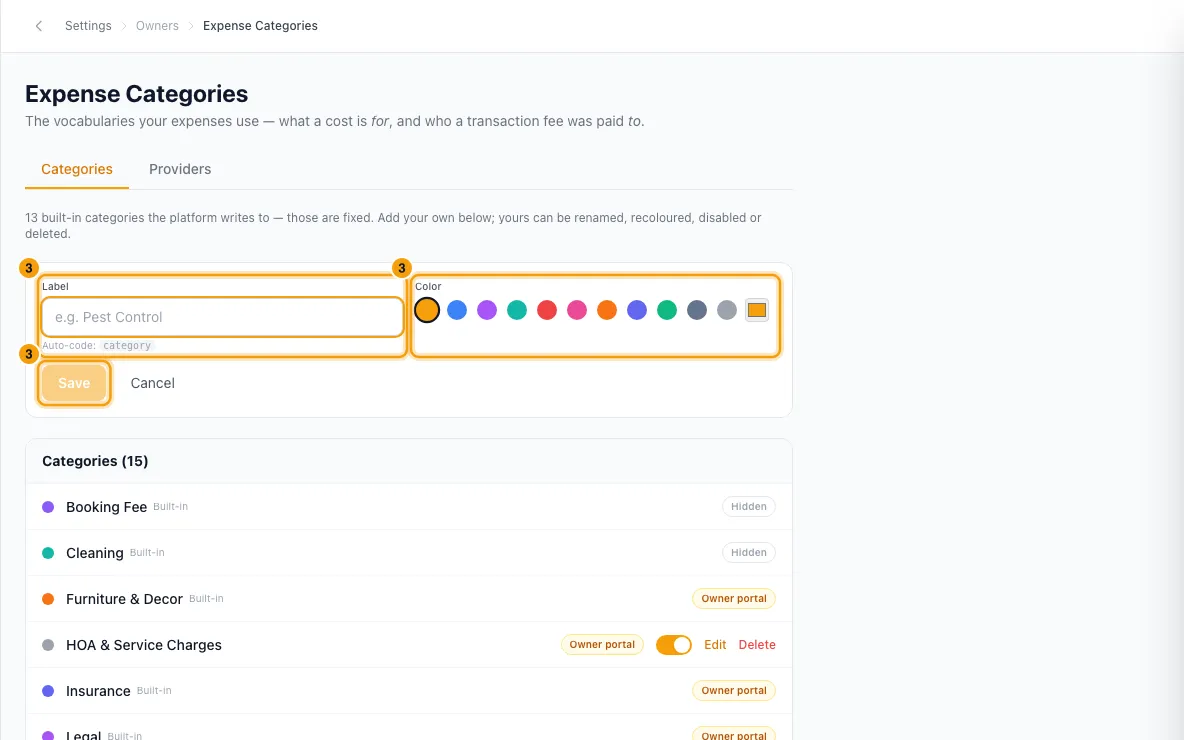 Set up expense categories: step 3 in Rentibly, with Label, Color, Save marked.