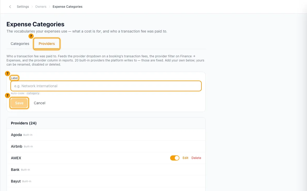 Set up expense categories: step 7 in Rentibly, with Providers, Label, Save marked.