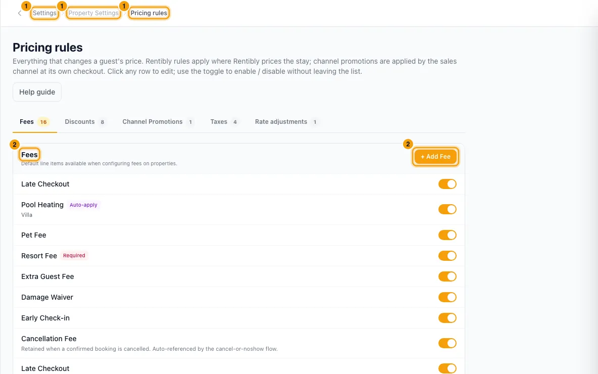 Set up pricing rules — fees, taxes and discounts: steps 1 and 2 in Rentibly, with Settings, Property Settings, Pricing rules marked.