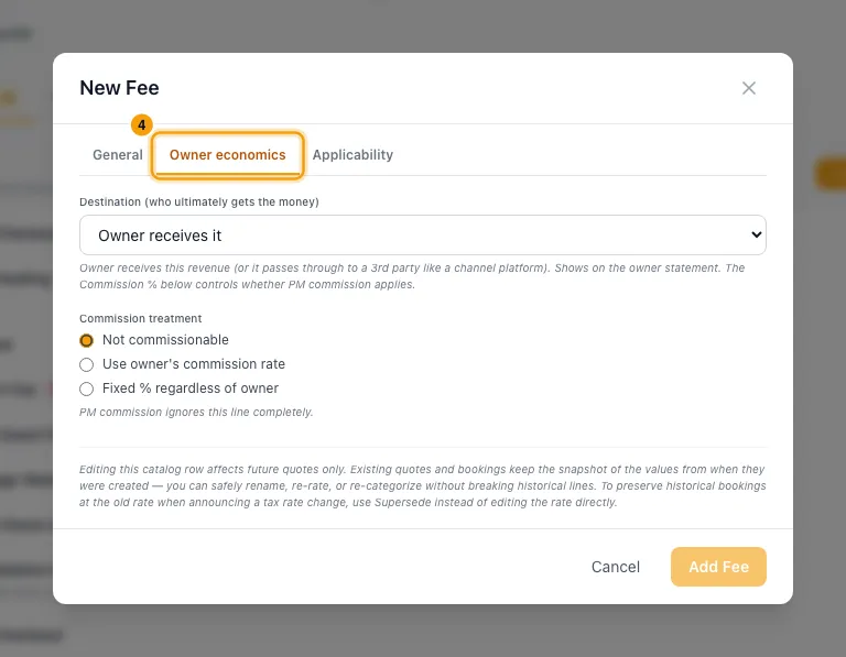 Set up pricing rules — fees, taxes and discounts: step 4 in Rentibly, with Owner economics marked.