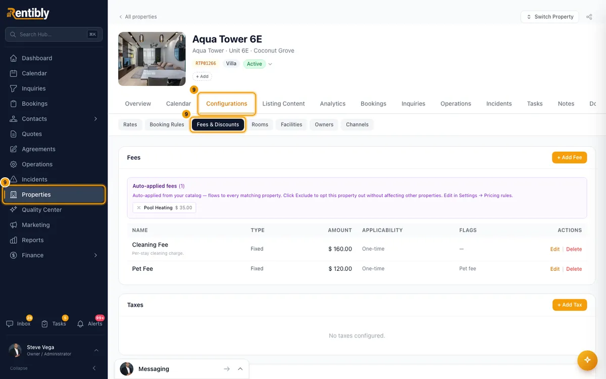 Set up pricing rules — fees, taxes and discounts: step 9 in Rentibly, with Properties, Configurations, Fees & Discounts marked.