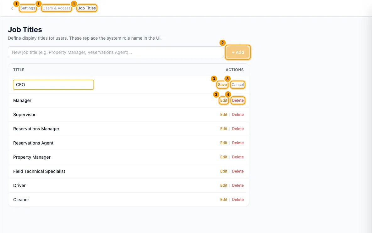 Set up job titles: steps 1, 2, 3 and 4 in Rentibly, with Settings, Users & Access, Job Titles marked.