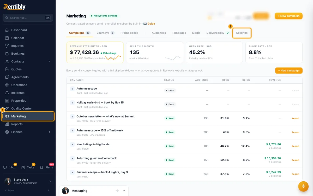 Set up marketing sending and deliverability: steps 1 and 2 in Rentibly, with Marketing, Settings marked.