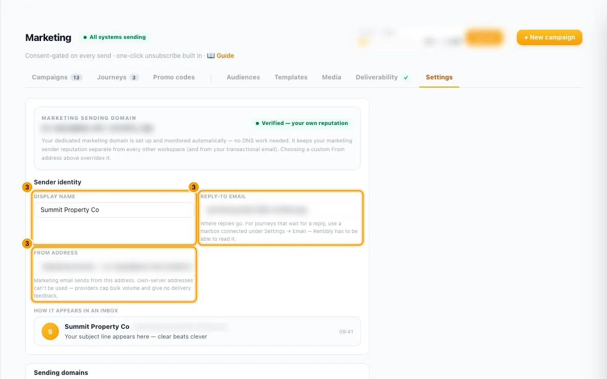 Set up marketing sending and deliverability: step 3 in Rentibly, with Display name, Reply-to email, From address marked.
