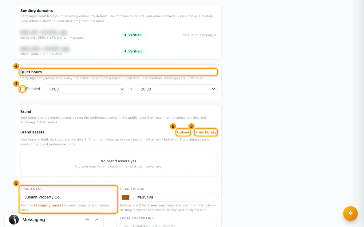 Set up marketing sending and deliverability: steps 4 and 5 in Rentibly, with Quiet hours, Enabled, Upload marked.