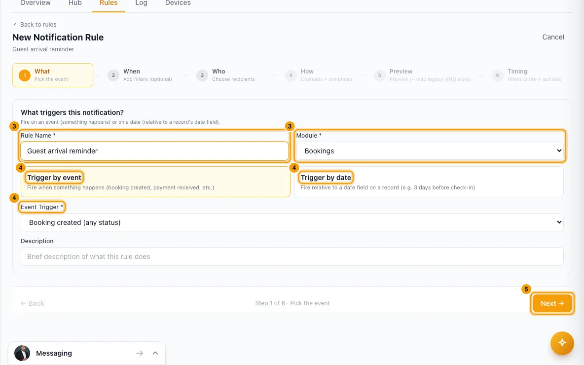 Set up a notification rule (e.g. email the guest before check-in): steps 3, 4 and 5 in Rentibly, with Rule Name, Module, Trigger by event marked.