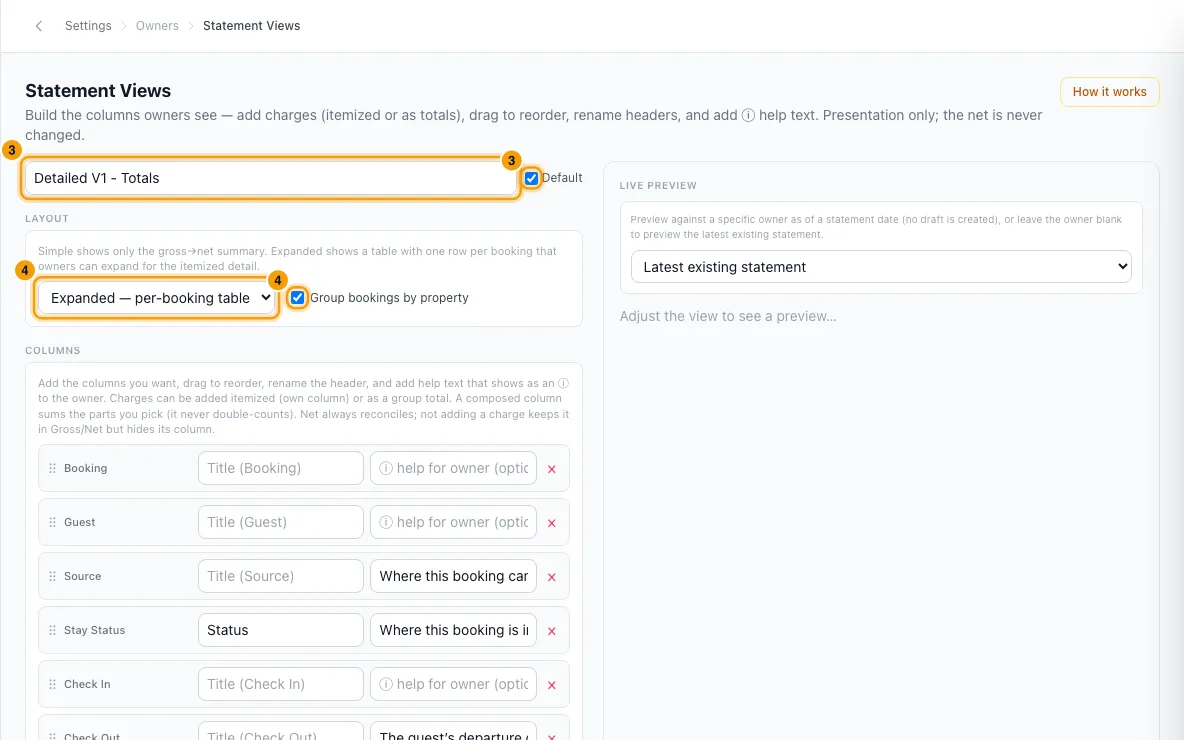 Set up how owner statements look (Statement Views): steps 3 and 4 in Rentibly, with View name, Default, Layout marked.