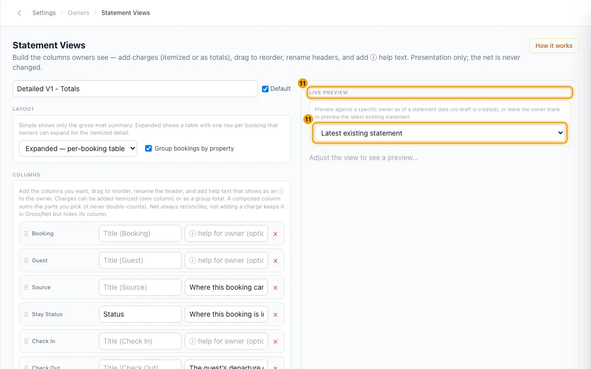 Set up how owner statements look (Statement Views): step 11 in Rentibly, with Live preview, Live preview marked.