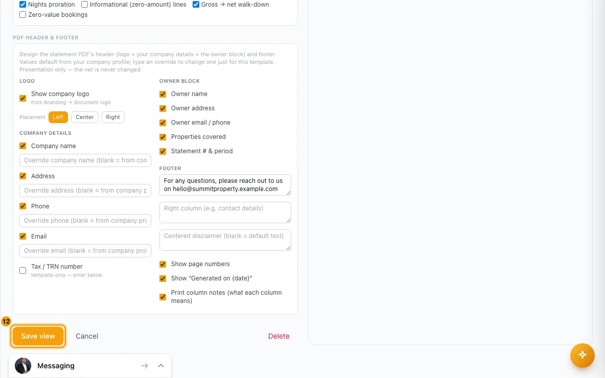Set up how owner statements look (Statement Views): step 12 in Rentibly, with Save view marked.