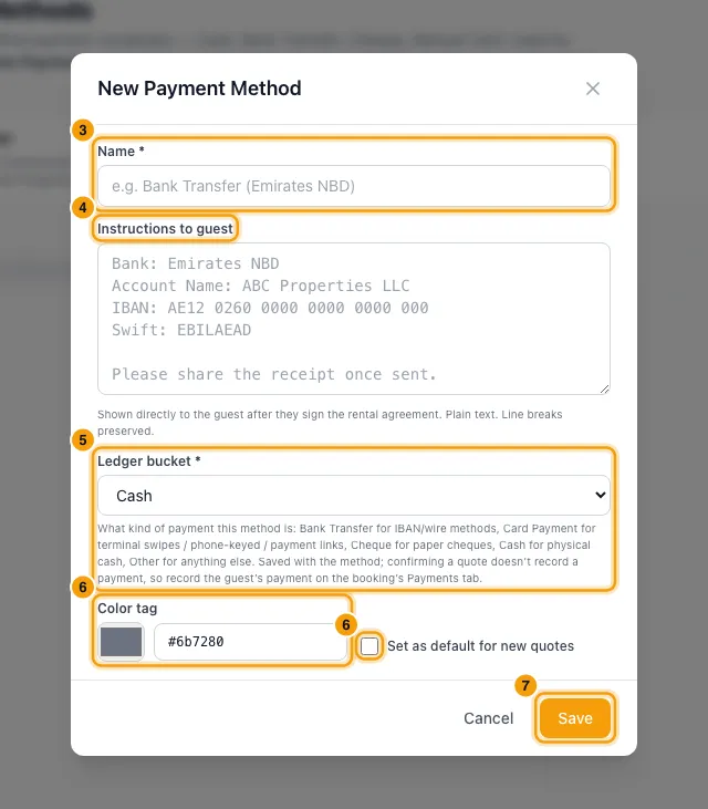 Set up offline payment methods (bank transfer, cash, cheque): steps 3, 4, 5, 6 and 7 in Rentibly, with Name, Instructions to guest, Ledger bucket marked.