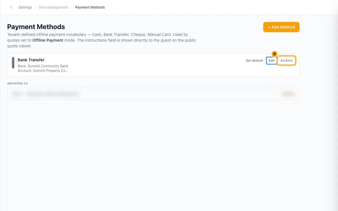 Set up offline payment methods (bank transfer, cash, cheque): step 9 in Rentibly, with Archive marked.