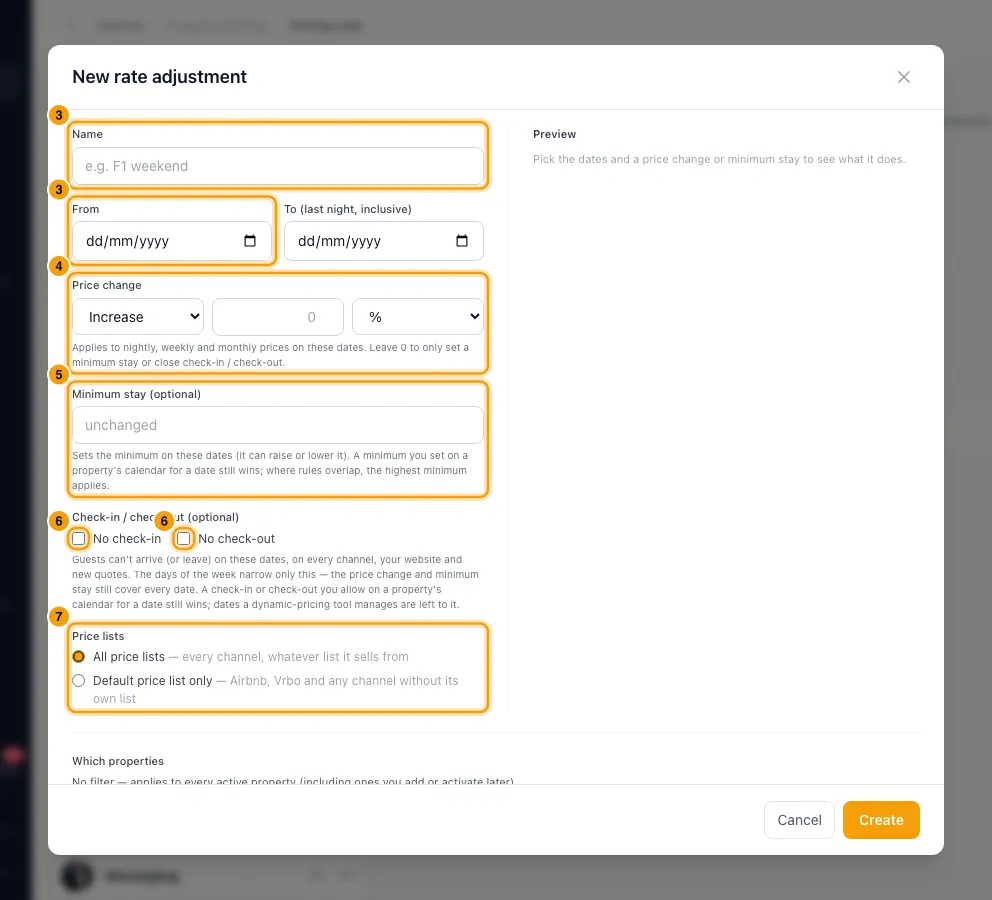 Change prices across properties for chosen dates: steps 3, 4, 5, 6 and 7 in Rentibly, with Name, From, Price change marked.