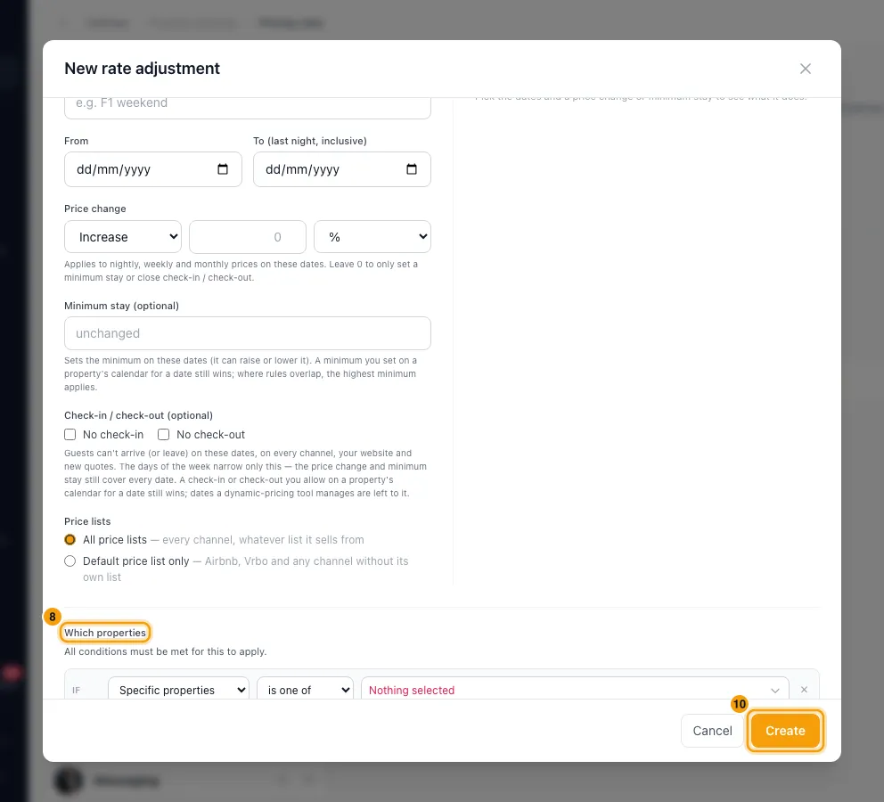 Change prices across properties for chosen dates: steps 8 and 10 in Rentibly, with Which properties, Create marked.