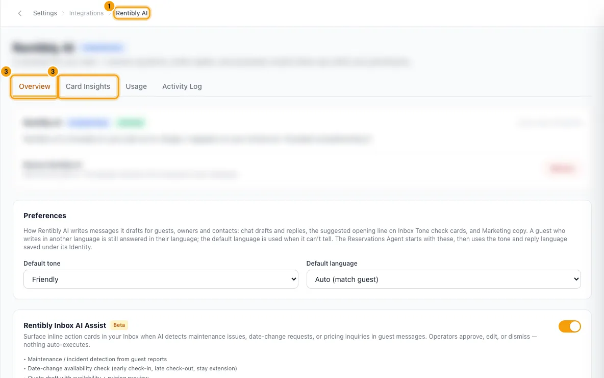 Set up Rentibly AI for your team: steps 1 and 3 in Rentibly, with Rentibly AI, Overview, Card Insights marked.