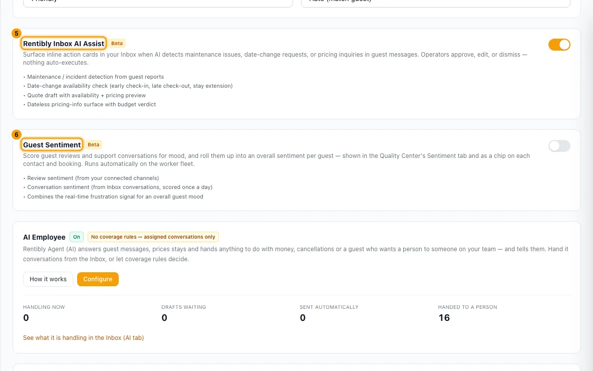 Set up Rentibly AI for your team: steps 5 and 6 in Rentibly, with Rentibly Inbox AI Assist, Guest Sentiment marked.