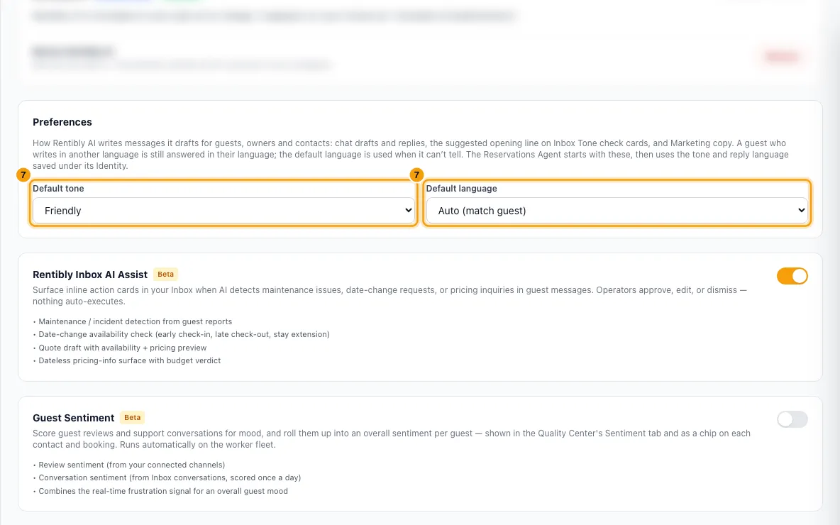 Set up Rentibly AI for your team: step 7 in Rentibly, with Default tone, Default language marked.