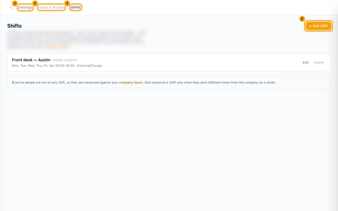 Set up shifts (working hours for your team): steps 1 and 2 in Rentibly, with Settings, Users & Access, Shifts marked.