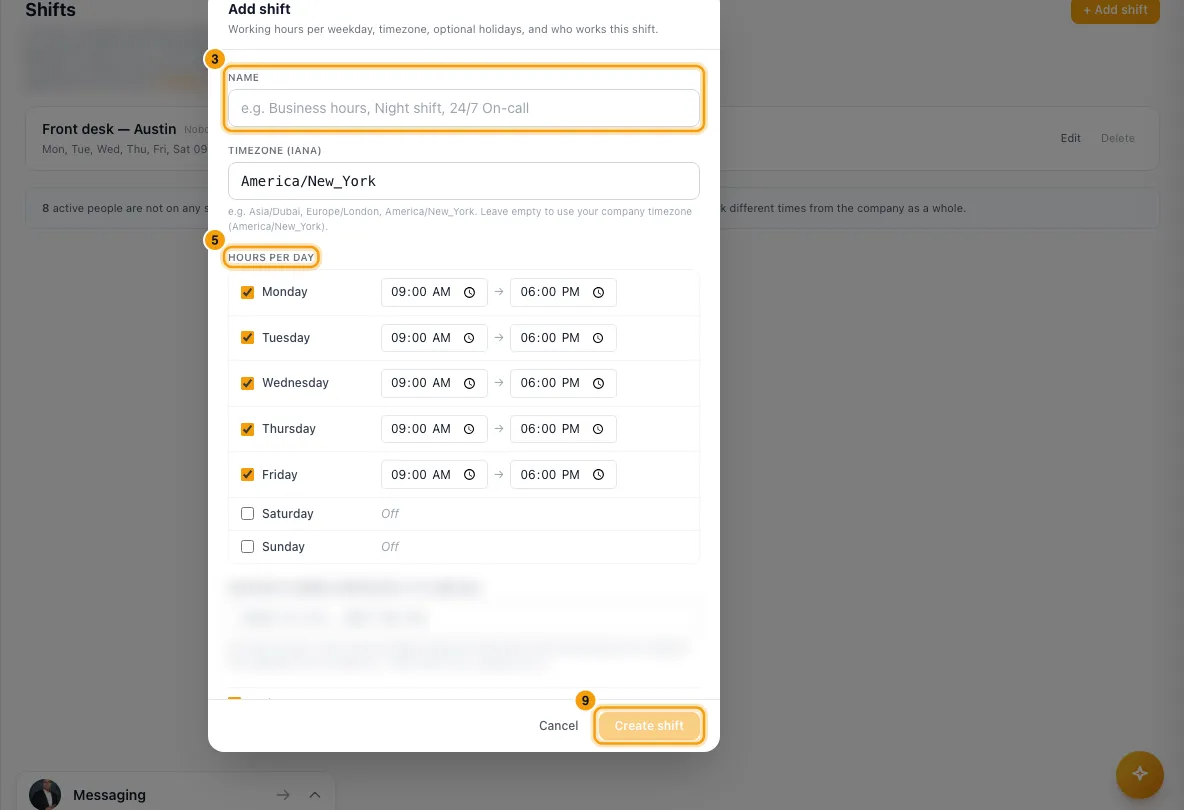 Set up shifts (working hours for your team): steps 3, 5 and 9 in Rentibly, with Name, Hours per day, Create shift marked.
