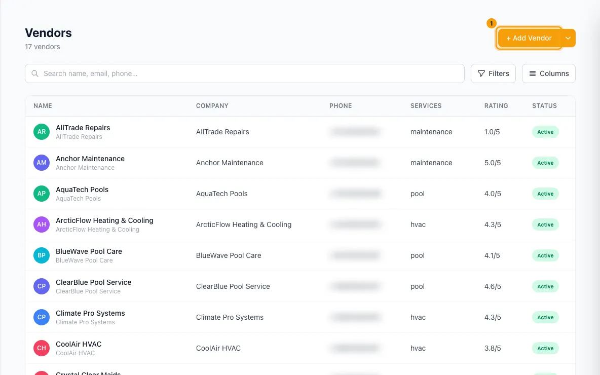 Set up vendors and their price lists: step 1 in Rentibly, with + Add Vendor marked.