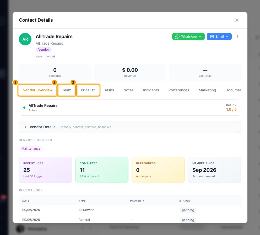Set up vendors and their price lists: step 2 in Rentibly, with Vendor Overview, Team, Pricelist marked.