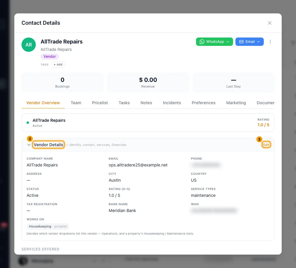 Set up vendors and their price lists: step 3 in Rentibly, with Vendor Details, Edit marked.