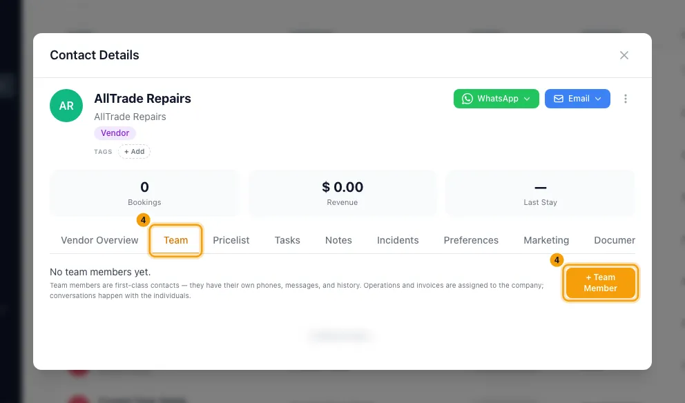 Set up vendors and their price lists: step 4 in Rentibly, with Team, + Team Member marked.