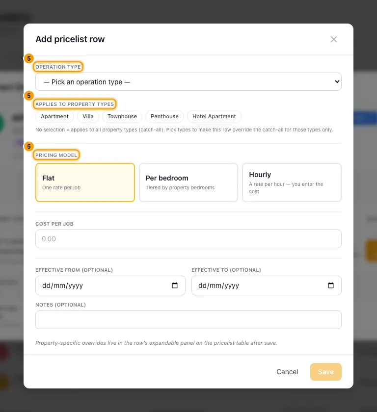 Set up vendors and their price lists: step 5 in Rentibly, with Operation type, Applies to property types, Pricing model marked.