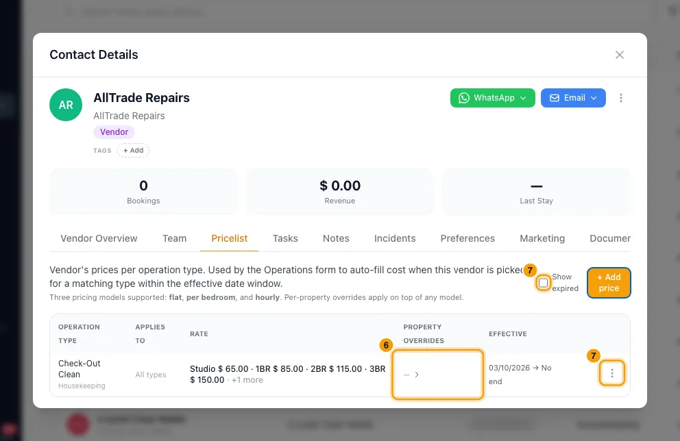 Set up vendors and their price lists: steps 6 and 7 in Rentibly, with Property overrides, the row menu, Show expired marked.