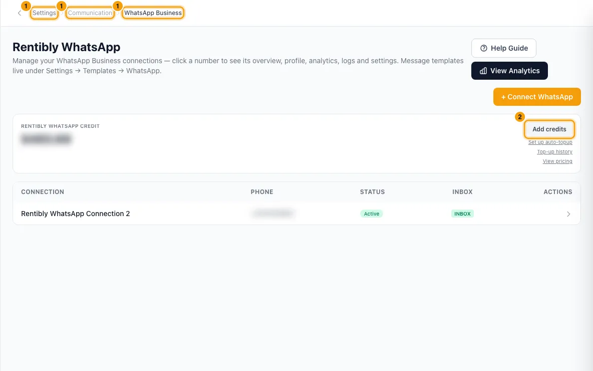 Top up WhatsApp credit: steps 1 and 2 in Rentibly, with Settings, Communication, WhatsApp Business marked.