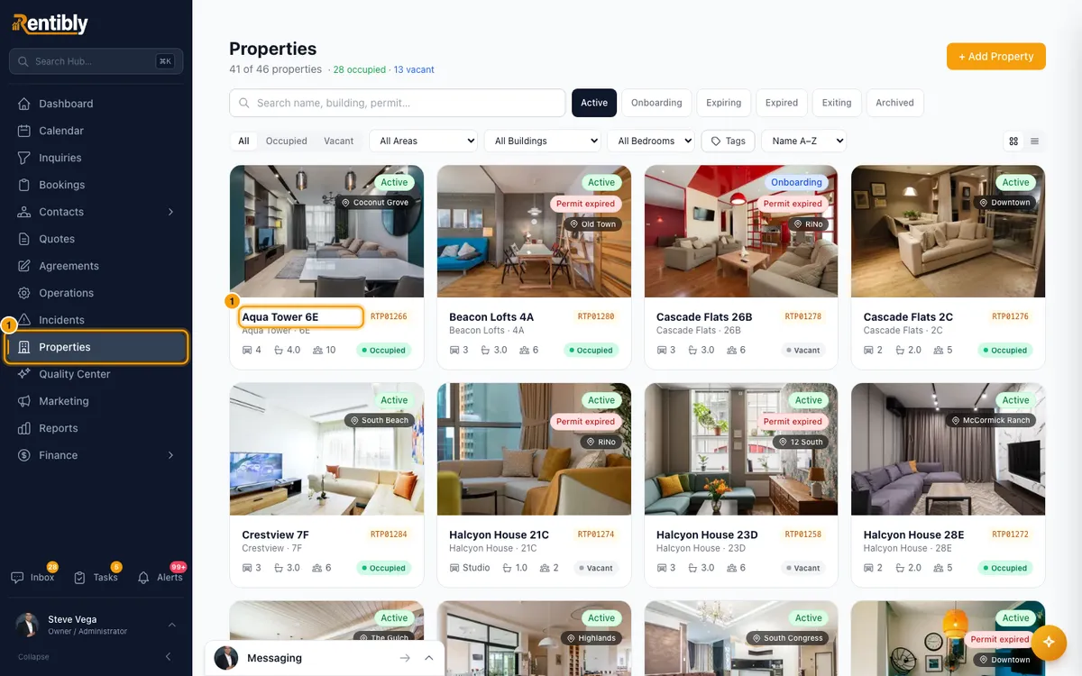 Upload and manage a property's documents: step 1 in Rentibly, with Properties, Aqua Tower 6E marked.