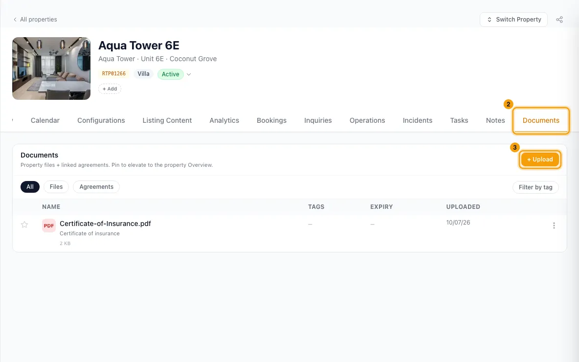 Upload and manage a property's documents: steps 2 and 3 in Rentibly, with Documents, + Upload marked.