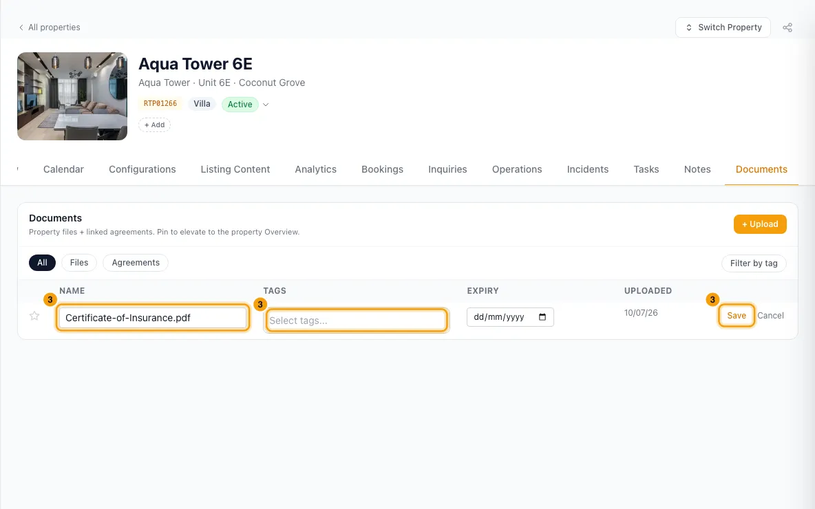 Upload and manage a property's documents: step 3 in Rentibly, with the name, tags and expiry, the name, tags and expiry, Save marked.