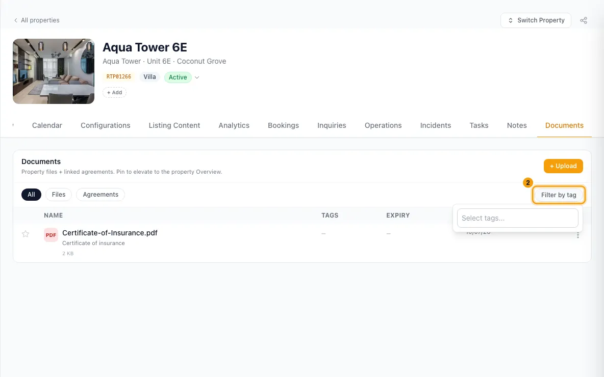 Upload and manage a property's documents: step 2 in Rentibly, with Filter by tag marked.