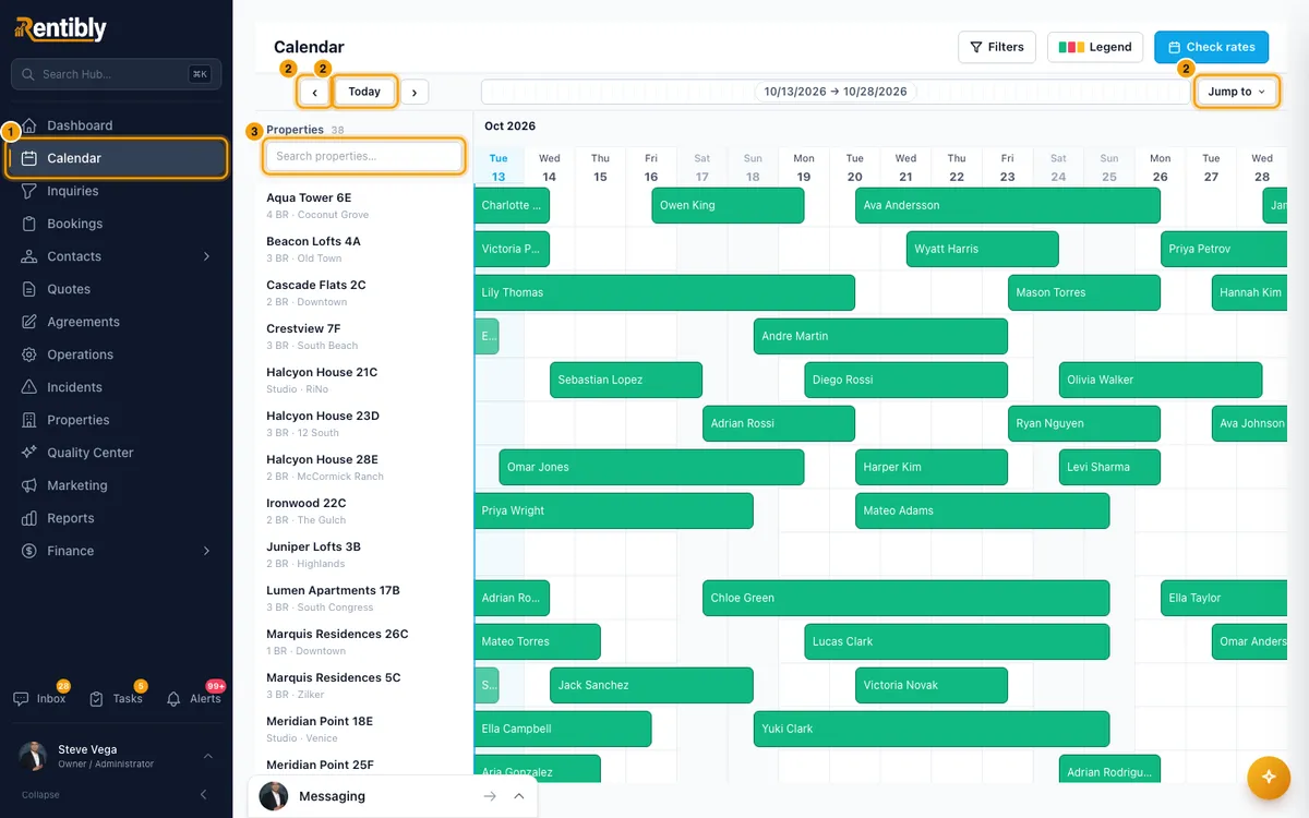 Use the calendar: steps 1, 2 and 3 in Rentibly, with Calendar, the date controls, Today marked.