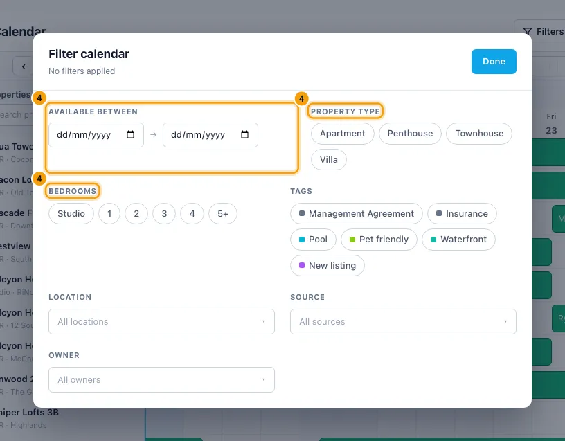 Use the calendar: step 4 in Rentibly, with Available between, Property type, Bedrooms marked.