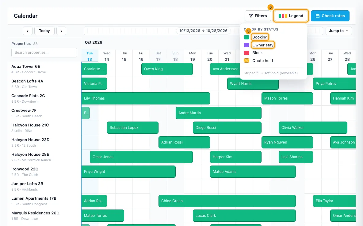 Use the calendar: step 5 in Rentibly, with Legend, Booking, Owner stay marked.