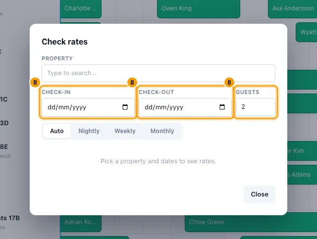 Use the calendar: step 8 in Rentibly, with Check-in, Check-out, Guests marked.