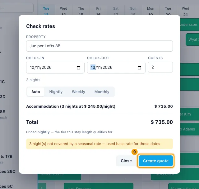 Use the calendar: step 9 in Rentibly, with Create quote marked.