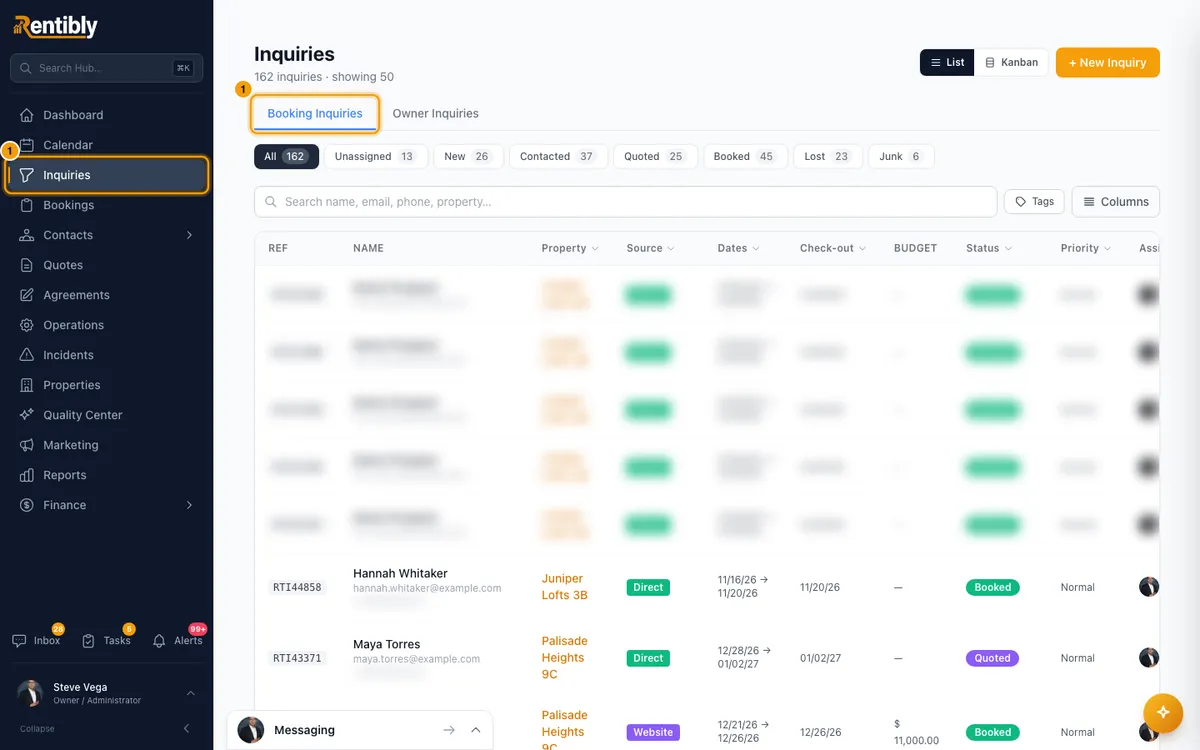 Work an inquiry from new to booked or lost: step 1 in Rentibly, with Inquiries, Booking Inquiries marked.